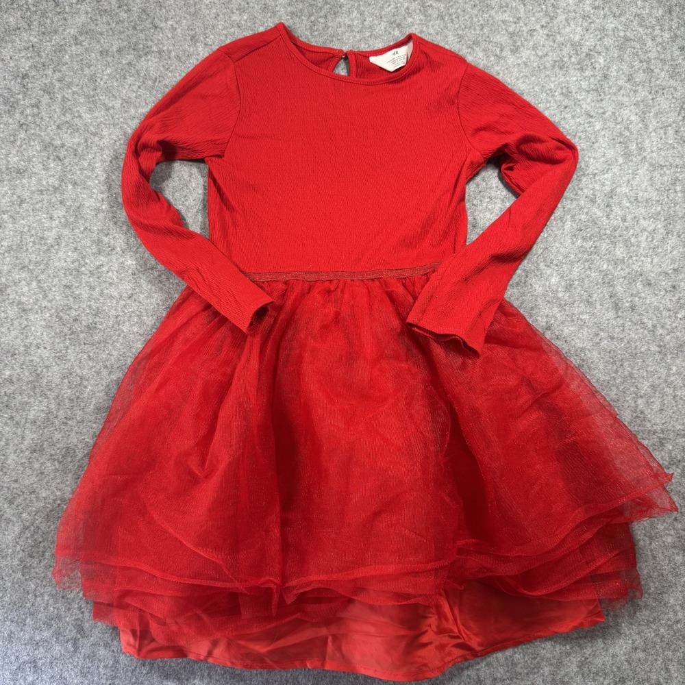 H&M Tulle Skirt‎ Dress Size 8/10 Red Long Sleeve Tiered Holiday Special Occasion